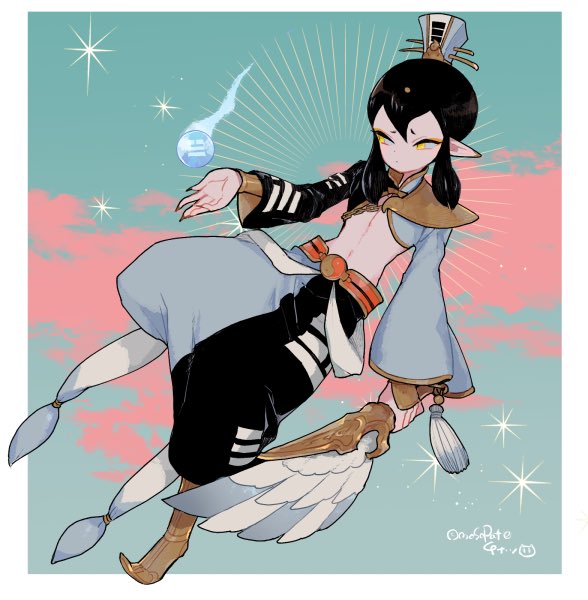 1boy, asymmetrical_pants, black_hair, border, cloud, crop_top, full_body, hand_fan