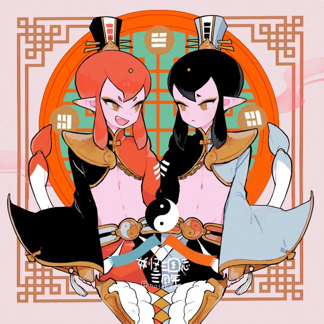 2boys, belt, black_hair, brothers, circle, commentary_request, crop_top, feather_fan