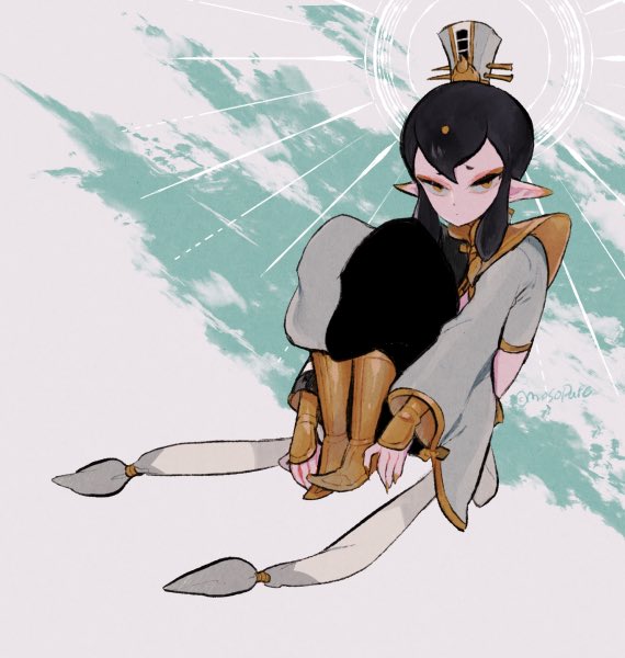 1boy, black_hair, cloud, knees_up, l_hakase, long_sleeves, looking_at_viewer, male_focus