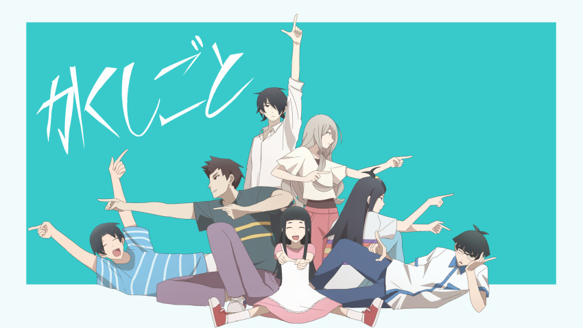 3girls, 4boys, :d, ahoge, bad_id, bad_pixiv_id, black_hair, blue_background