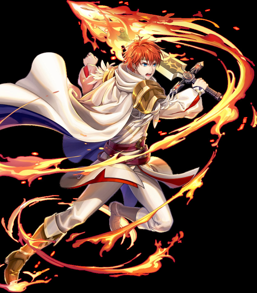 1boy, alternate_costume, belt, blue_eyes, boots, cape, circlet, eliwood_(fire_emblem), eliwood_(resplendent)_(fire_emblem), feathers, fire, fire_emblem, fire_emblem:_the_blazing_blade, fire_emblem_heroes, full_body, highres, male_focus, nintendo, official_art, open_mouth, red_hair, solo, sword, teeth, transparent_background, weapon