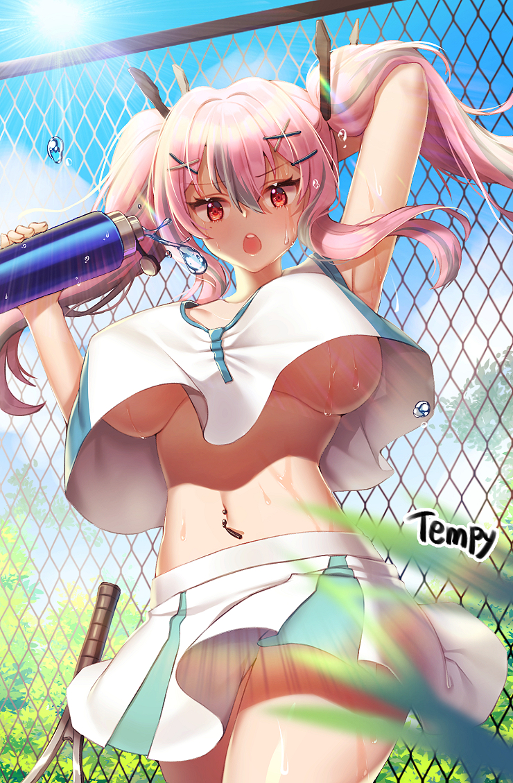1girl, armpits, artist_name, azur_lane, bare_shoulders, blue_sky, bottle, bow, breasts, bremerton_(azur_lane), bremerton_(scorching-hot_training)_(azur_lane), chain-link_fence, commentary, cowboy_shot, crop_top, crop_top_overhang, day, fence, grey_hair, hair_between_eyes, hair_bow, hair_lift, hair_ornament, hairclip, heart, heart_necklace, jewelry, large_breasts, long_hair, looking_at_viewer, mole, mole_under_eye, multicolored_hair, navel_piercing, necklace, open_mouth, piercing, pink_eyes, pink_hair, racket, shiny_skin, shirt, sky, sleeveless, sleeveless_shirt, streaked_hair, sun, sunlight, sweat, tempy_(rinsia), tree, twintails, two-tone_hair, two-tone_shirt, two-tone_skirt, underboob, water_bottle, x_hair_ornament