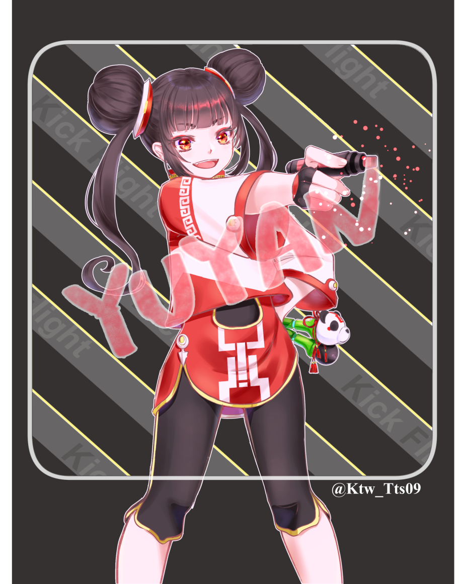1girl, :d, bad_id, bad_pixiv_id, bamboo, black_background, black_hair, black_shorts, blunt_bangs, breasts, character_name, chinese_clothes, commentary_request, copyright_name, cotocoto, cowboy_shot, diagonal_stripes, double_bun, drawing_on_fourth_wall, eyeliner, fang, female_focus, fingerless_gloves, fourth_wall, gloves, hair_bun, hand_on_own_hip, kick-flight, long_hair, long_sleeves, looking_at_viewer, makeup, marker, meandros, multicolored_background, nunchaku, open_mouth, panda, red_eyes, red_shirt, shirt, shorts, sidelocks, small_breasts, smile, solo, standing, striped, twitter_username, two-tone_background, weapon, wide_sleeves, writing, yuyan_(kick-flight)