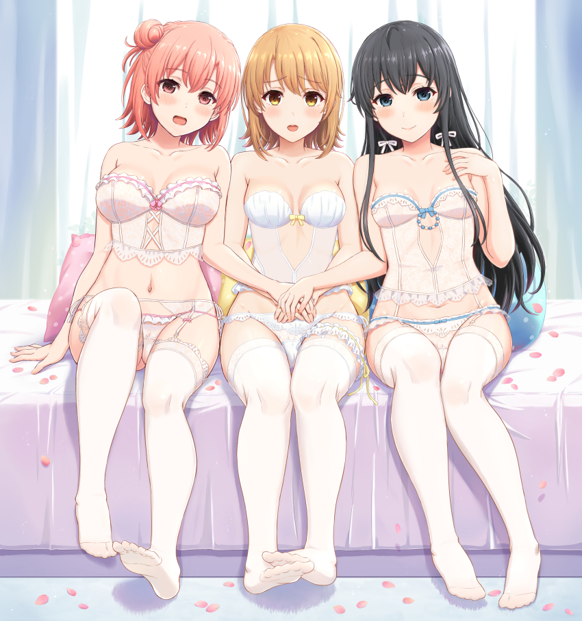 3girls, :d, :o, absurdres, bare_arms, bare_shoulders, bed_sheet, black_hair, blonde_hair, blue_eyes, blush, breasts, bustier, cleavage, closed_mouth, collarbone, curtains, full_body, garter_belt, hair_bun, hand_on_own_chest, highres, inanaki_shiki, indoors, isshiki_iroha, long_hair, looking_at_viewer, medium_breasts, multiple_girls, navel, on_bed, open_mouth, own_hands_together, panties, panties_over_garter_belt, petals, pillow, purple_eyes, short_hair, side_bun, sidelocks, single_hair_bun, single_side_bun, sitting, small_breasts, smile, straight_hair, strapless, take_your_pick, thighhighs, underwear, underwear_only, very_long_hair, white_bustier, white_legwear, white_panties, yahari_ore_no_seishun_lovecome_wa_machigatteiru., yellow_eyes, yuigahama_yui, yukinoshita_yukino