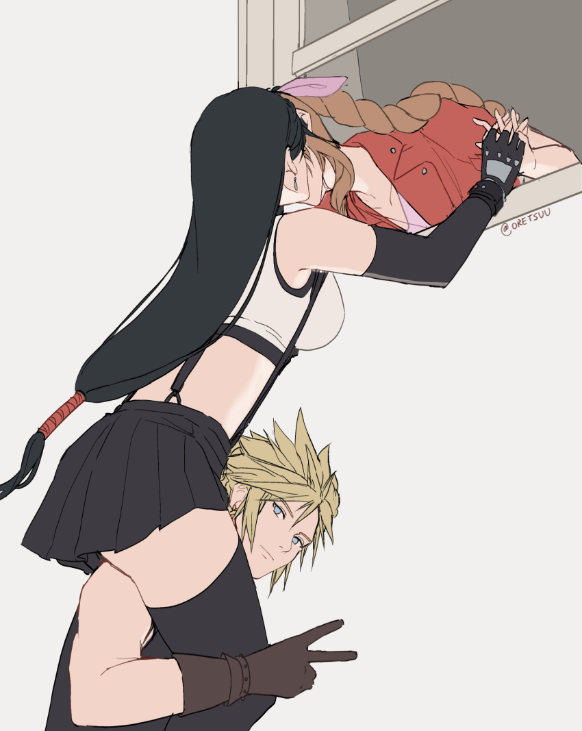 1boy, 2girls, aerith_gainsborough, bare_shoulders, black_gloves, black_hair, black_shirt, black_skirt