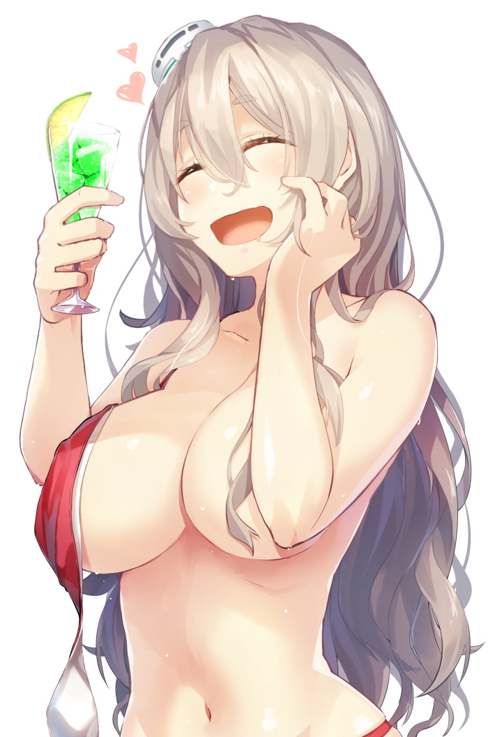 1girl, :d, bikini, bikini_top_only, breasts, censored_nipples, closed_eyes, cocktail, cocktail_glass, commentary_request, convenient_censoring, cup, drinking_glass, drunk, female_focus, food, fruit, grey_hair, hair_between_eyes, hair_over_breasts, hair_over_one_breast, hand_on_own_chest, heart, kantai_collection, large_breasts, lime_(fruit), lime_slice, long_hair, meth_(emethmeth), navel, one_breast_out, open_mouth, pola_(kancolle), pola_(swimsuit)_(kancolle), red_bikini, simple_background, smile, solo, swimsuit, upper_body, wardrobe_malfunction, white_background