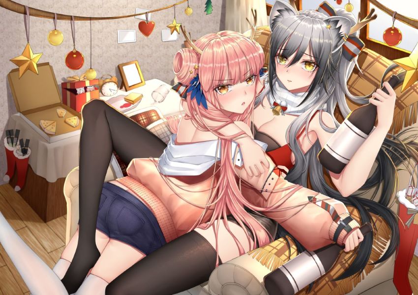 2girls, alarm_clock, animal_ear_fluff, animal_ears, antlers, arknights, armchair, ass