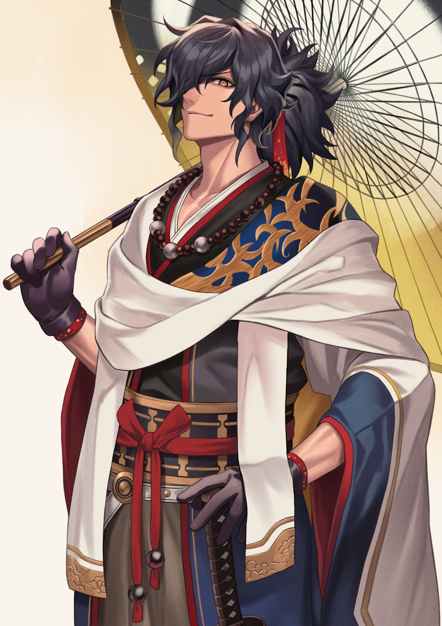 1boy, alternate_costume, bad_id, bad_pixiv_id, bead_necklace, beads, black_gloves, black_hair