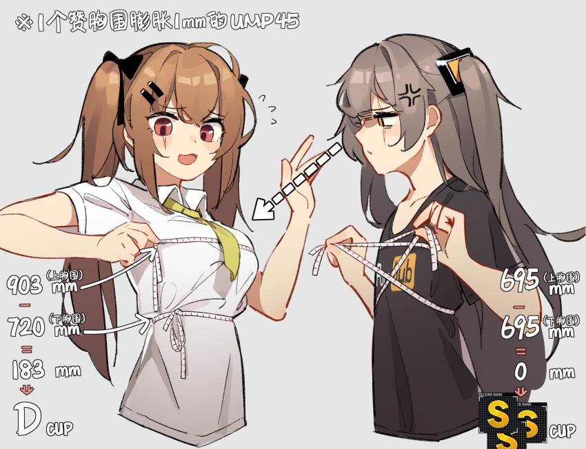 2girls, anger_vein, black_shirt, bra_size, breast_envy, breasts, brown_hair, bust_measuring, chinese_text, collared_shirt, cropped_torso, flat_chest, flying_sweatdrops, girls'_frontline, grey_background, grey_hair, hair_ornament, hairclip, highres, long_hair, looking_at_another, measuring, multiple_girls, necktie, open_mouth, pornhub, print_shirt, red_eyes, scar, scar_across_eye, scar_on_face, shirt, short_necktie, short_sleeves, simple_background, t-shirt, tape_measure, tianliang_duohe_fangdongye, translation_request, twintails, ump45_(girls'_frontline), ump9_(girls'_frontline), white_shirt, yellow_eyes, yellow_neckwear