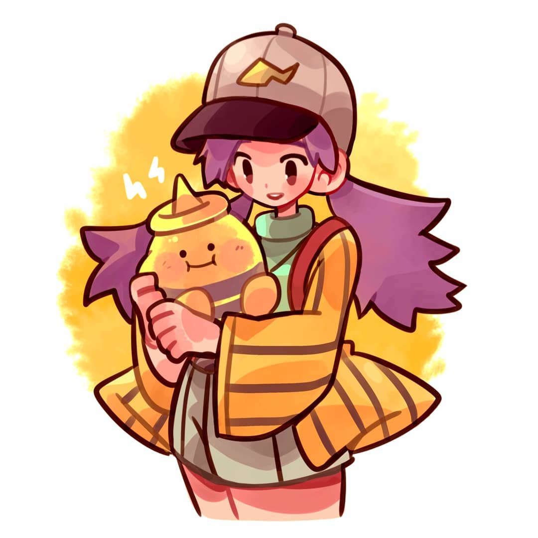 1girl, :i, baseball_cap, beta_pokemon, casey_(pokemon), commentary, cropped_legs, elebaby, english_commentary, hat, holding, holding_pokemon, kindness_art, looking_at_another, nintendo, pokemon, pokemon_(anime), pokemon_(classic_anime), pokemon_(creature), pokemon_gold/silver/crystal, pokemon_gold/silver/crystal_(prototype), prototype_design, purple_hair, simple_background, smile, standing