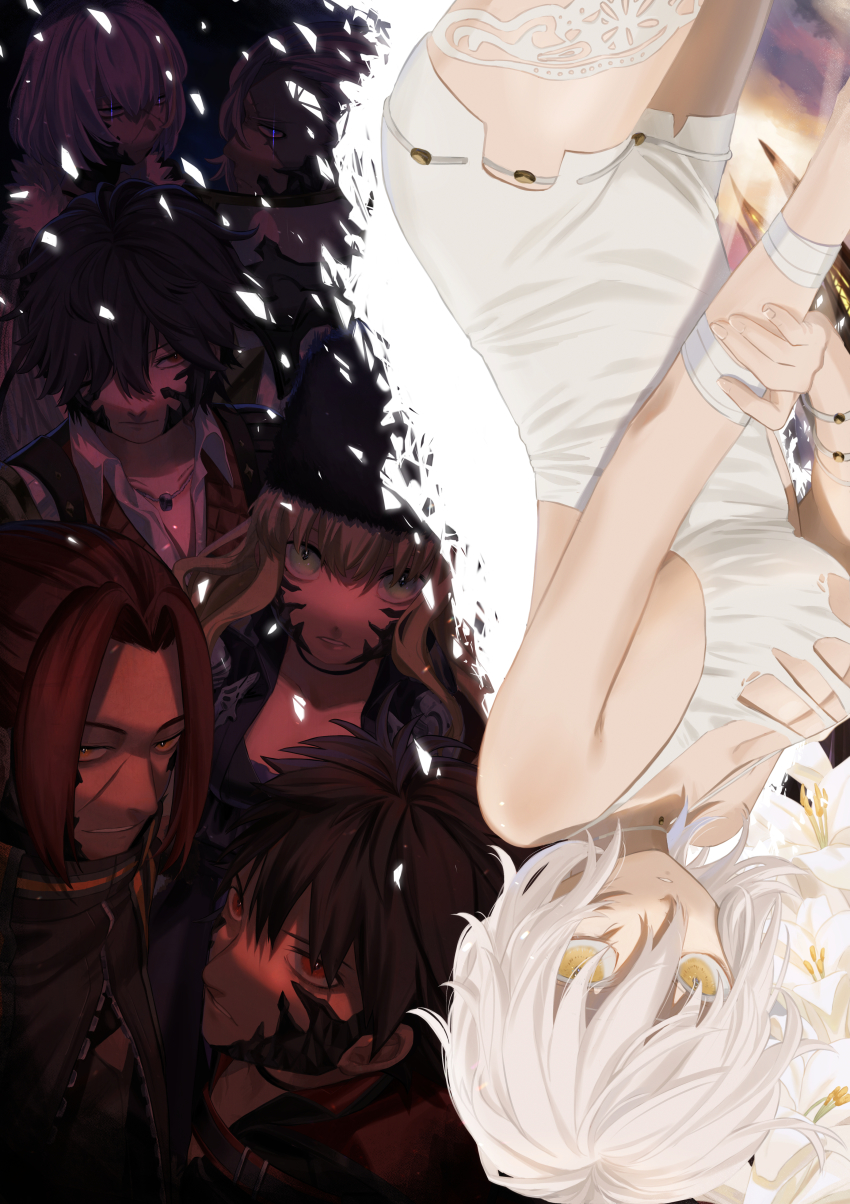 3girls, 4boys, absurdres, bandages, bandaged_arm, bare_shoulders, breasts, brown_eyes, brown_hair, code_vein, collared_shirt, commentary_request, dress, eva_roux, fur_hat, glowing, glowing_eyes, green_eyes, hair_between_eyes, hat, highres, huge_filesize, io_(code_vein), jack_rutherford, large_breasts, looking_at_viewer, louis_(code_vein), mia_karnstein, multiple_boys, multiple_girls, nana_choco, protagonist_(code_vein), red_hair, scar, scar_on_face, shirt, short_hair, sleeveless, sleeveless_dress, vampire, white_dress, white_hair, yakumo_(code_vein), yellow_eyes