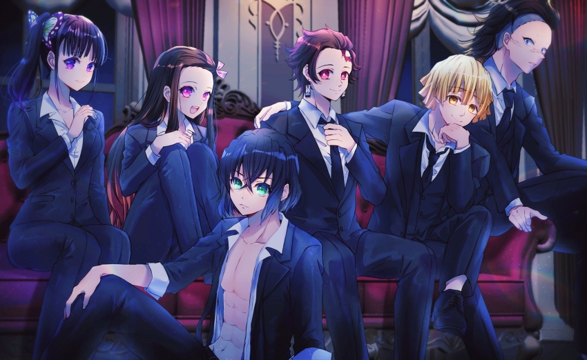 2girls, 4boys, :d, agatsuma_zenitsu, arm_around_neck, black_hair, black_jacket, black_neckwear