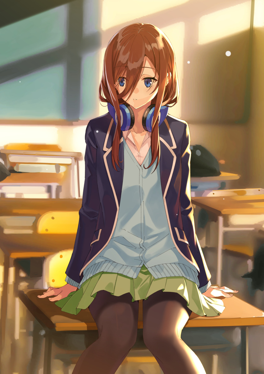 1girl, absurdres, ayanon, black_pantyhose, blazer, blue_cardigan, blue_jacket, brown_hair