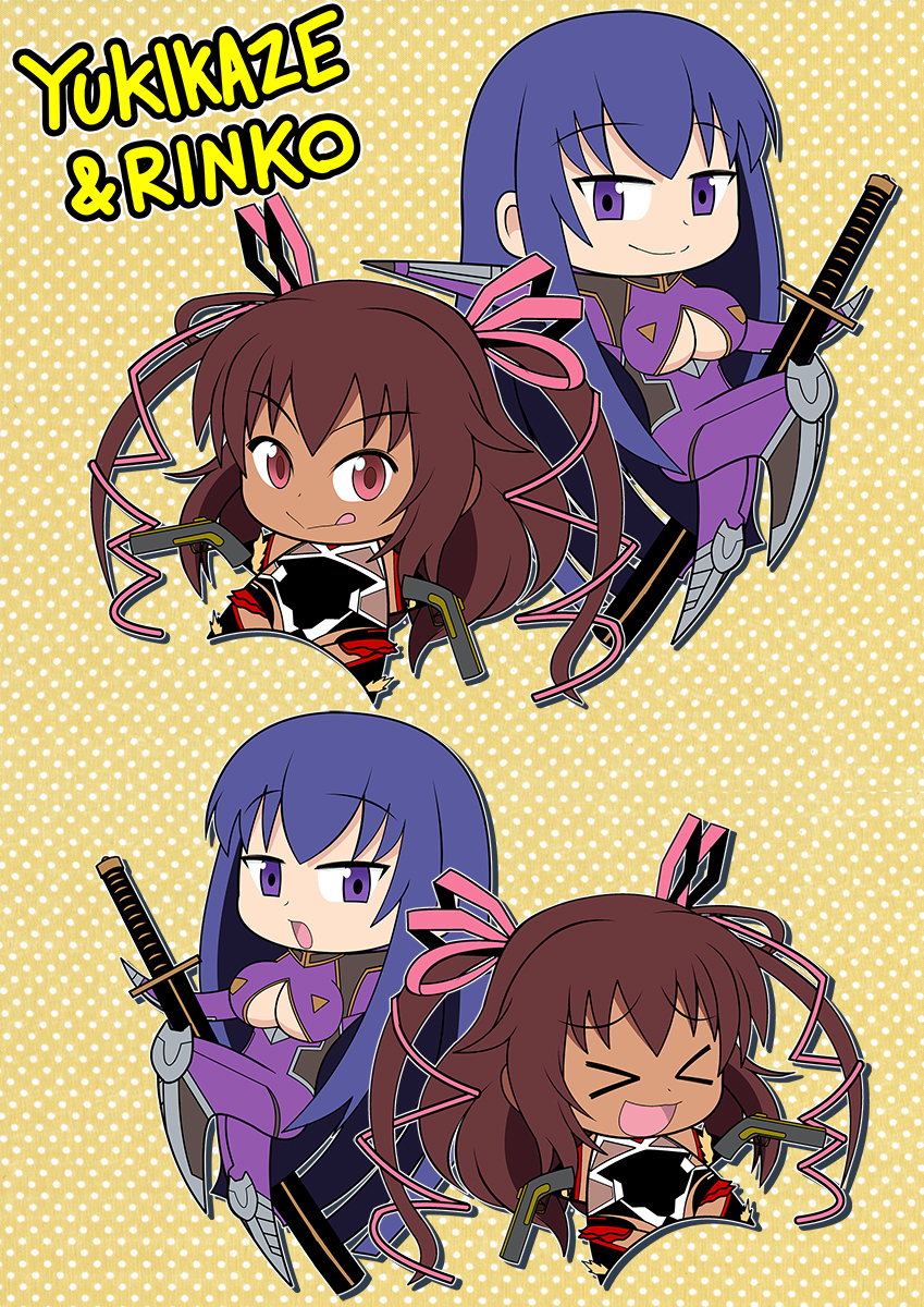 2girls, akiyama_rinko, armpits, artist_request, blue_hair, bodysuit, boots, breasts, brown_hair, chibi, dark-skinned_female, dark_skin, happy, highres, holding, holding_weapon, kagura_tsuna, katana, leotard, long_hair, mizuki_yukikaze, multiple_girls, ponytail, purple_eyes, shiny_skin, small_breasts, smile, sword, taimanin_(series), taimanin_yukikaze, twintails, very_long_hair, weapon