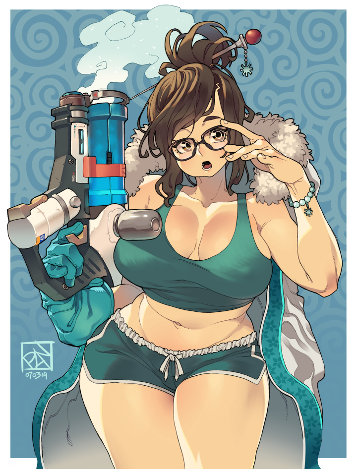 1girl, adjusting_eyewear, bead_bracelet, beads, black-framed_eyewear, blue_background, bracelet, breasts, brown_eyes, brown_hair, cleavage, coat, collarbone, cowboy_shot, crop_top, curvy, dated, drawstring, fat_rolls, female_focus, finger_on_trigger, fur-trimmed_jacket, fur_coat, fur_trim, glasses, gloves, hair_bun, hair_ornament, hair_stick, high_ponytail, holding, holding_weapon, ice_gun, jacket, jacket_on_shoulders, jewelry, large_breasts, legs_together, long_hair, looking_at_viewer, mei_(overwatch), navel, open_clothes, open_coat, open_mouth, outside_border, overwatch, overwatch_1, parka, poch4n, ponytail, short_ponytail, short_shorts, shorts, single_glove, single_hair_bun, snowflake_hair_ornament, solo, standing, swept_bangs, tank_top, thighs, weapon, winter_clothes, winter_coat
