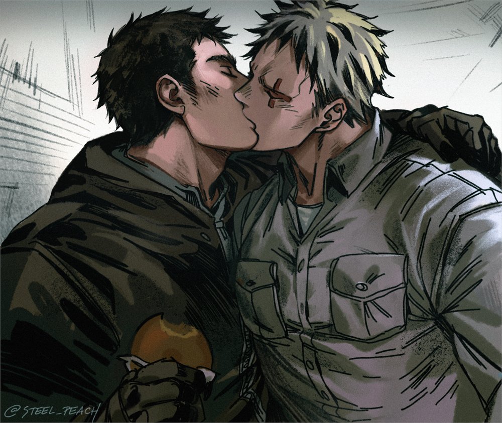 2boys, agnieszka_grochalska, aikawa_(dorohedoro), arm_hug, bad_id, bad_twitter_id, black_hair, blonde_hair