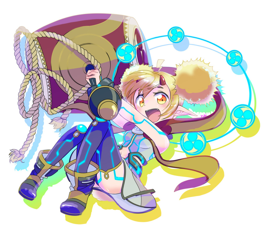 1girl, :d, blonde_hair, breasts, clothing_cutout, dress, drum, electra_(xenoblade)