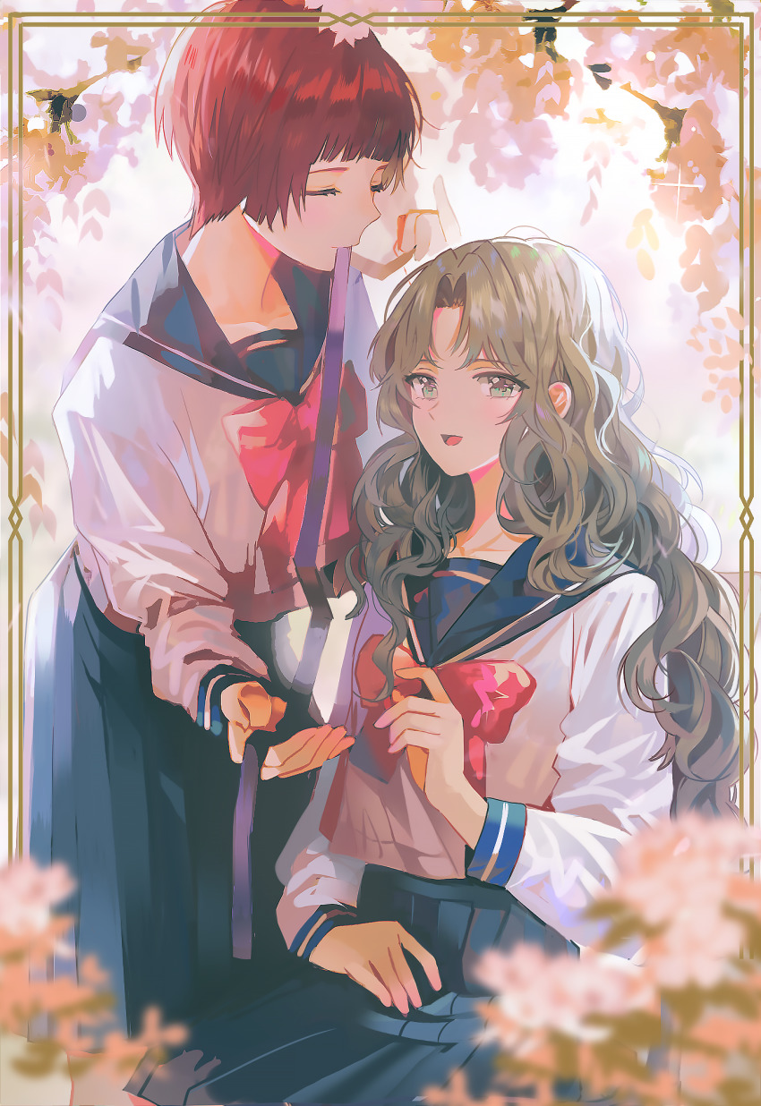 2girls, aged_down, blouse, blue_sailor_collar, blue_skirt, blunt_bangs, border, bow