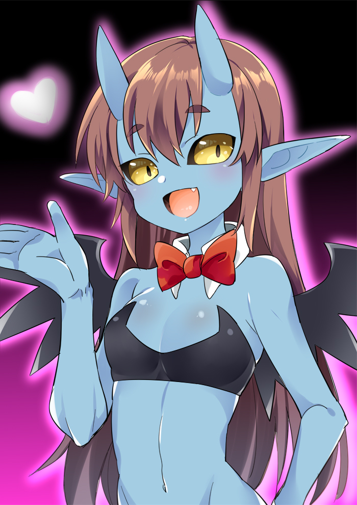 1girl, bare_arms, black_background, black_bra, black_sclera, blue_skin, bow, bowtie, bra, breasts, brown_hair, colored_sclera, colored_skin, cowboy_shot, demon_girl, demon_wings, fang, female_focus, fujinami_(fjnm000), hair_between_eyes, hand_up, heart, horns, howakko_bright, ishuzoku_reviewers, long_hair, looking_at_viewer, navel, oni_horns, open_mouth, outline, pink_background, pink_outline, pointy_ears, red_bow, red_bowtie, short_eyebrows, small_breasts, solo, standing, two-tone_background, underwear, wings, yellow_eyes