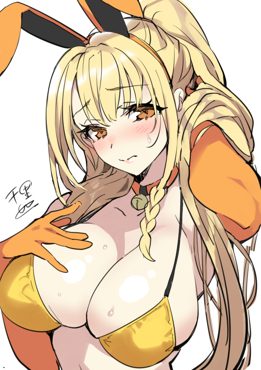 1girl, animal_ears, bare_shoulders, bikini, blonde_hair, blush, braid, breasts, brown_eyes, choker, cleavage, closed_mouth, commentary_request, elbow_gloves, female_focus, gloves, halterneck, hand_on_own_chest, high_ponytail, highres, kanade_haruka, large_breasts, long_hair, looking_at_viewer, mahou_shoujo_madoka_magica, mahou_shoujo_madoka_magica_(anime), mahou_shoujo_suzune_magica, orange_gloves, ponytail, rabbit_ears, senri_gan, sidelocks, solo, sweat, swimsuit, upper_body, yellow_bikini