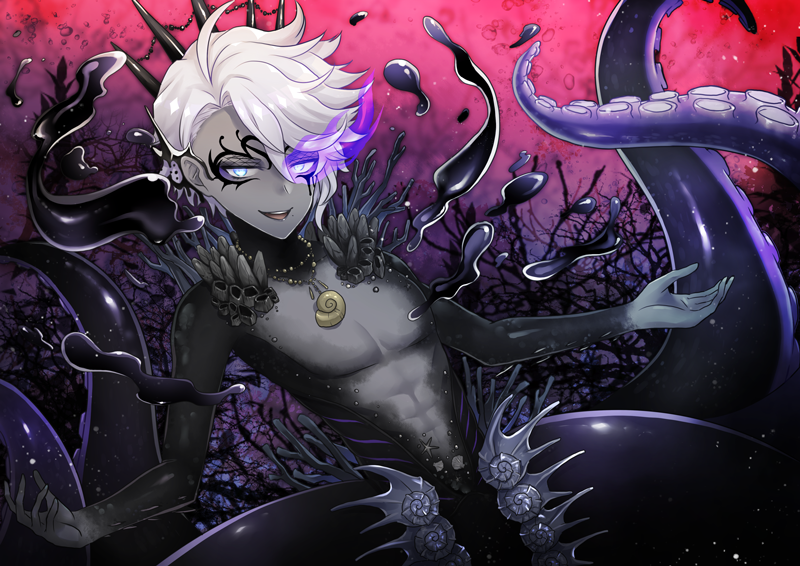 1boy, abs, azul_ashengrotto, azul_ashengrotto_(octopus), barnacle, blue_eyes, colored_skin, grey_skin, ink, jewelry, kaito_(collect_mania), looking_at_viewer, male_focus, monster_boy, necklace, octopus_boy, shell, shell_necklace, short_hair, silver_hair, smile, solo, tentacles, twisted_wonderland, underwater