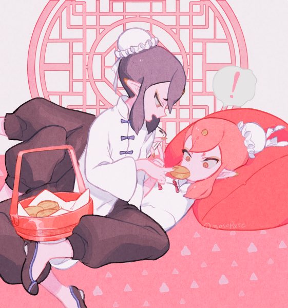 !, 2boys, basket, black_footwear, black_hair, black_pants, bun_cover, feeding