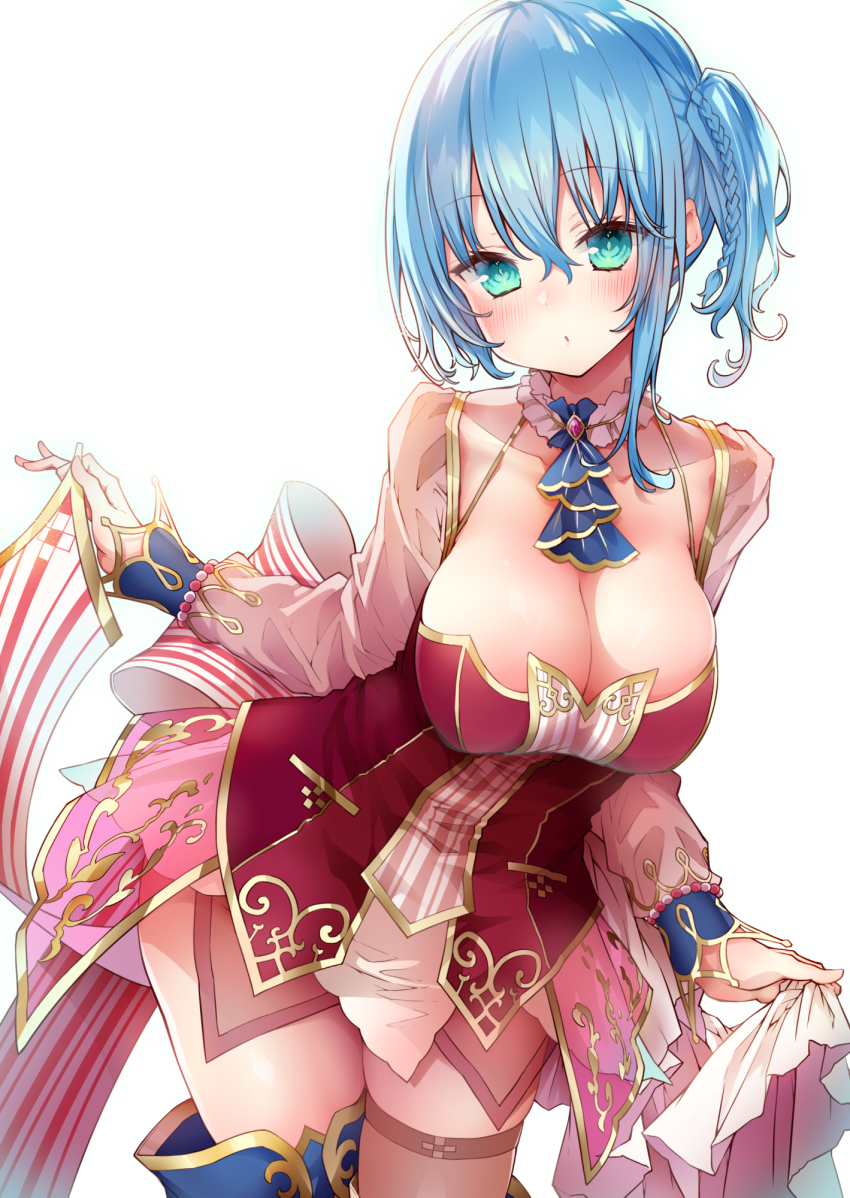 1girl, alt_(ctrldel), ascot, asymmetrical_legwear, atelier_(series), back_bow, blue_hair, blush, bow, braid, breasts, cleavage, collar, collarbone, commentary_request, dress, female_focus, green_eyes, hair_between_eyes, highres, large_breasts, long_sleeves, looking_at_viewer, nelke_to_densetsu_no_renkinjutsushi_tachi, nelke_von_lestamm, one_side_up, red_dress, sidelocks, simple_background, single_braid, solo, uneven_legwear, white_background