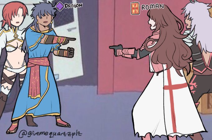 1girl, 3boys, bodysuit, boudica_(fate), brown_hair, commentary, earrings, english_commentary, faceless, faceless_female, faceless_male, fate/apocrypha, fate/grand_order, fate_(series), georgios_(fate), grey_hair, jewelry, male_focus, marvel, meme, multiple_boys, pointing_spider-man_(meme), pyon_(givemequartzplz), red_hair, romulus-quirinus_(fate), sash, siegfried_(fate), spider-man_(series), twitter_username