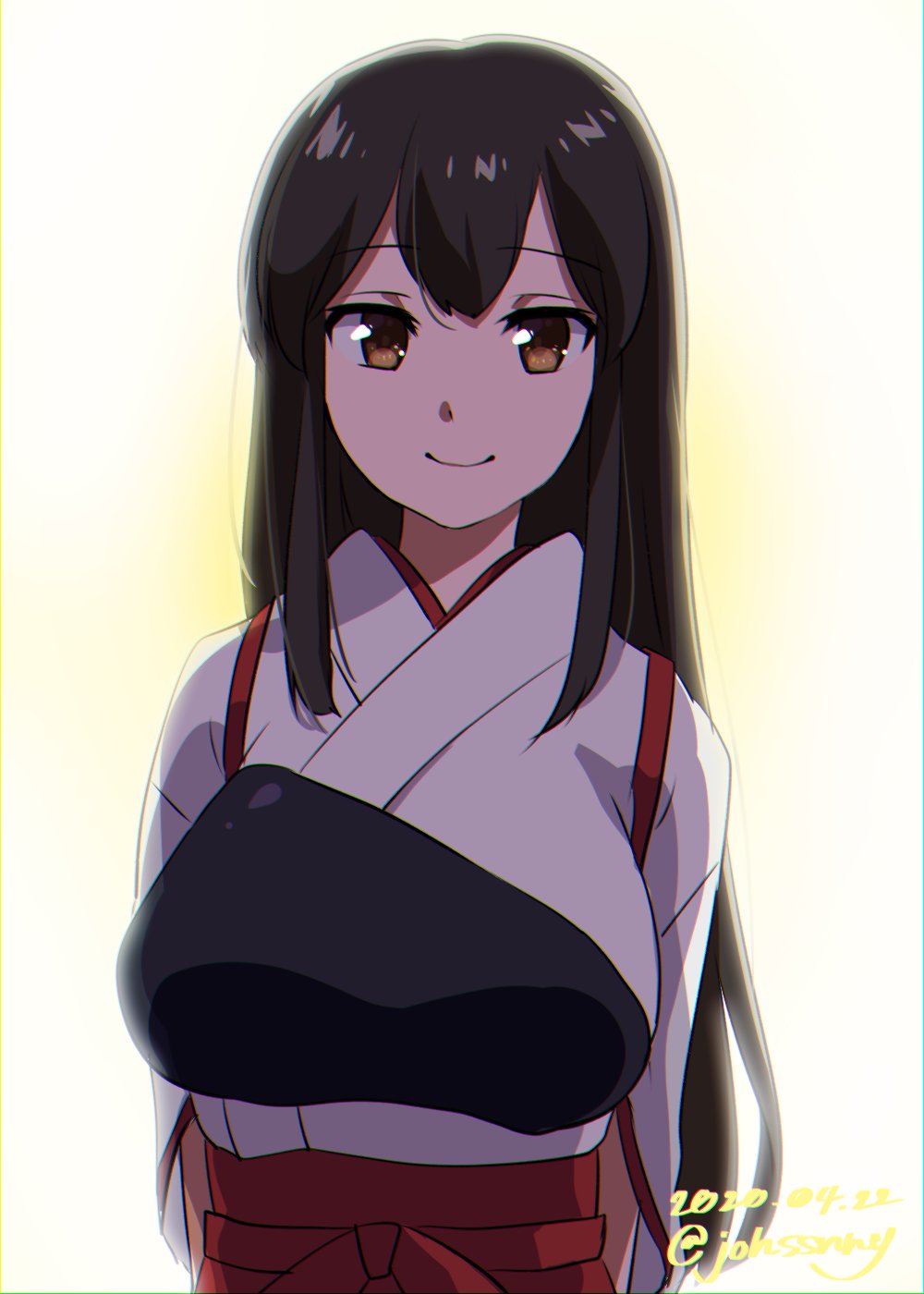 1girl, akagi_(kancolle), black_hair, brown_eyes, brown_hair, commentary_request, cowboy_shot, dated, female_focus, hakama, hakama_short_skirt, hakama_skirt, highres, japanese_clothes, johssnny, kantai_collection, long_hair, looking_at_viewer, muneate, one-hour_drawing_challenge, red_hakama, simple_background, skirt, smile, solo, tasuki, twitter_username, white_background