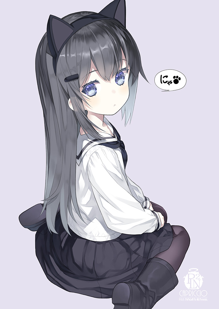 1girl, :<, animal_ears, black_boots, black_hair, black_hairband, black_pantyhose, black_skirt, blue_eyes, blush, boots, capriccio, cat_ears, closed_mouth, commentary_request, fake_animal_ears, female_focus, hair_between_eyes, hair_ornament, hairband, hairclip, long_hair, long_sleeves, looking_at_viewer, looking_back, ochi_ripca, original, pantyhose, pleated_skirt, purple_background, sailor_collar, shirt, signature, simple_background, sitting, skirt, sleeves_past_wrists, solo, translated, very_long_hair, wariza, white_sailor_collar, white_shirt