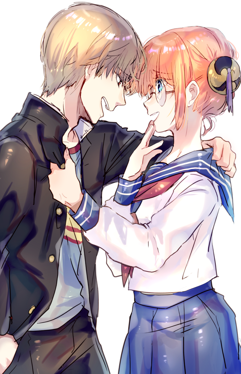 1boy, 1girl, :d, black_jacket, black_pants, blazer, blonde_hair, blue_eyes