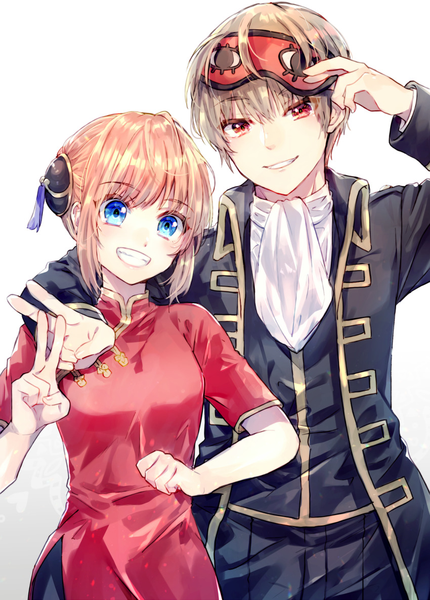 1boy, 1girl, arm_around_neck, black_coat, black_pants, blonde_hair, blue_eyes, china_dress