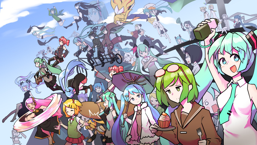 3boys, 6+girls, absurdres, akita_neru, angry, aqua_eyes, aqua_hair, bicycle, black_eyes, black_hair, black_rock_shooter, black_rock_shooter_(character), black_skirt, bob_cut, cloud, coat, cosplay, dessert, double_lariat_(vocaloid), drill_hair, echo_(vocaloid), expressionless, falling, fish, flying, food, frown, fukkireta, full_body, giant, giantess, gumi, gyari_(imagesdawn)_(style), hachune_miku, hair_ornament, hair_ribbon, happy, hatsune_miku, hayabusa_(spacecraft), hayabusa_(spacecraft)_(cosplay), highres, hood, hoodie, jumping, kagamine_len, kagamine_rin, kamui_gakupo, kasane_teto, kizuna_akari, long_hair, matryoshka_(vocaloid), megurine_luka, melancholic_(vocaloid), melt_(vocaloid), mukashi_mukashi_no_kyou_no_boku_(vocaloid), multiple_boys, multiple_girls, necktie, pantsu_nugeru_mon!_(vocaloid), pompmaker1, poppippoo_(vocaloid), project_diva_(series), ribbon, roki_(vocaloid), rolling_girl_(vocaloid), roshin_yuukai_(vocaloid), sad, school_uniform, senbon-zakura_(vocaloid), serafuku, shirt, short_hair, skirt, sky, smile, songover, stargazer_(vocaloid), tandem_bicycle, torinoko_city_(vocaloid), triple_baka_(vocaloid), twin_drills, twintails, umbrella, vocaloid, wavy_mouth, yowamushi_mont-blanc_(vocaloid)