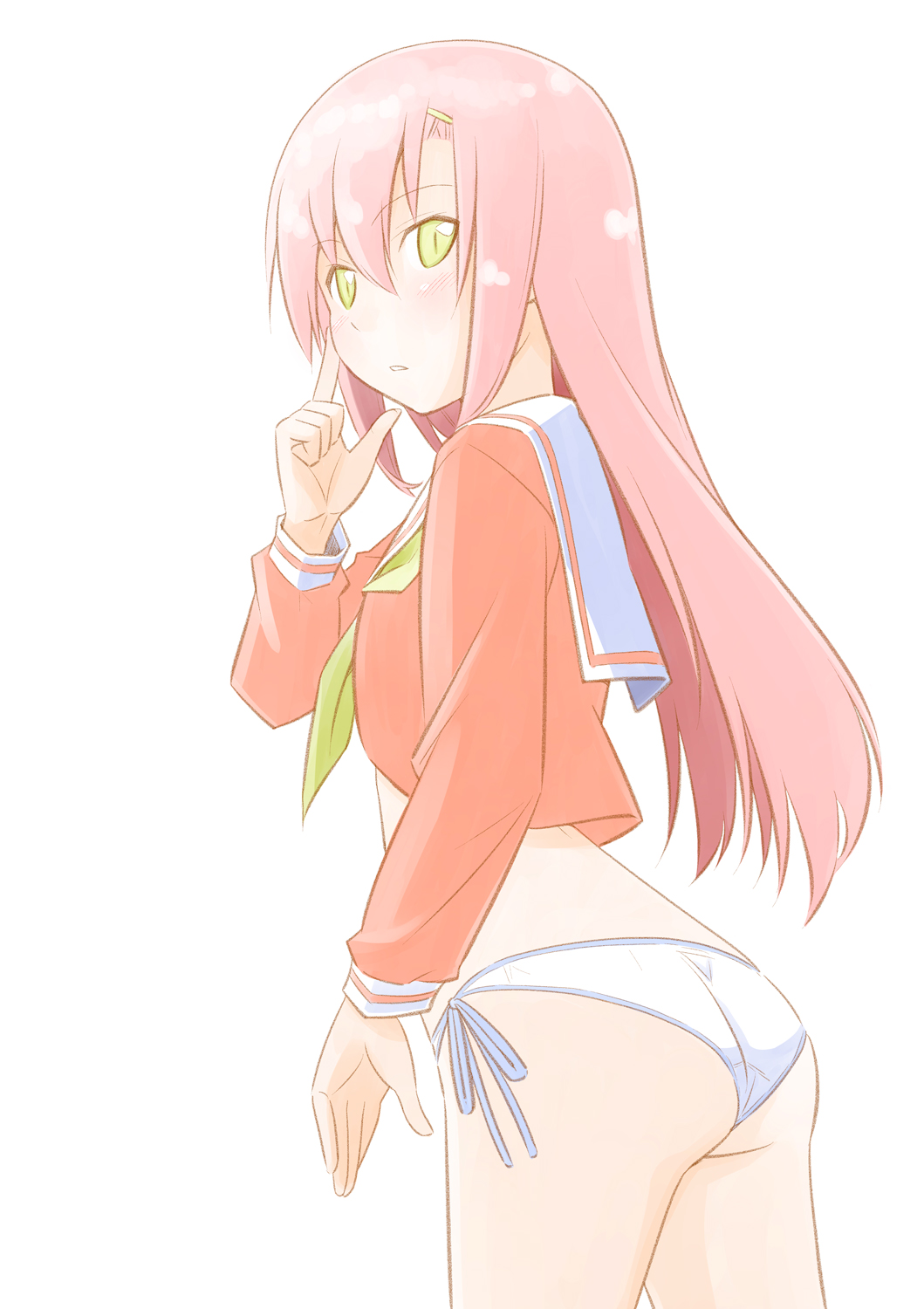 1girl, ass, bikini, bikini_bottom_only, blush, commentary_request, female_focus, hakuo_school_uniform, hata_kenjirou, hayate_no_gotoku!, highres, katsura_hinagiku, long_hair, looking_at_viewer, pink_hair, school_uniform, side-tie_bikini_bottom, simple_background, solo, standing, swimsuit, wedgie, white_background, yellow_eyes