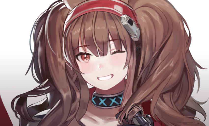 1girl, angelina_(arknights), arknights, black_choker, blush, brown_hair, choker, collarbone