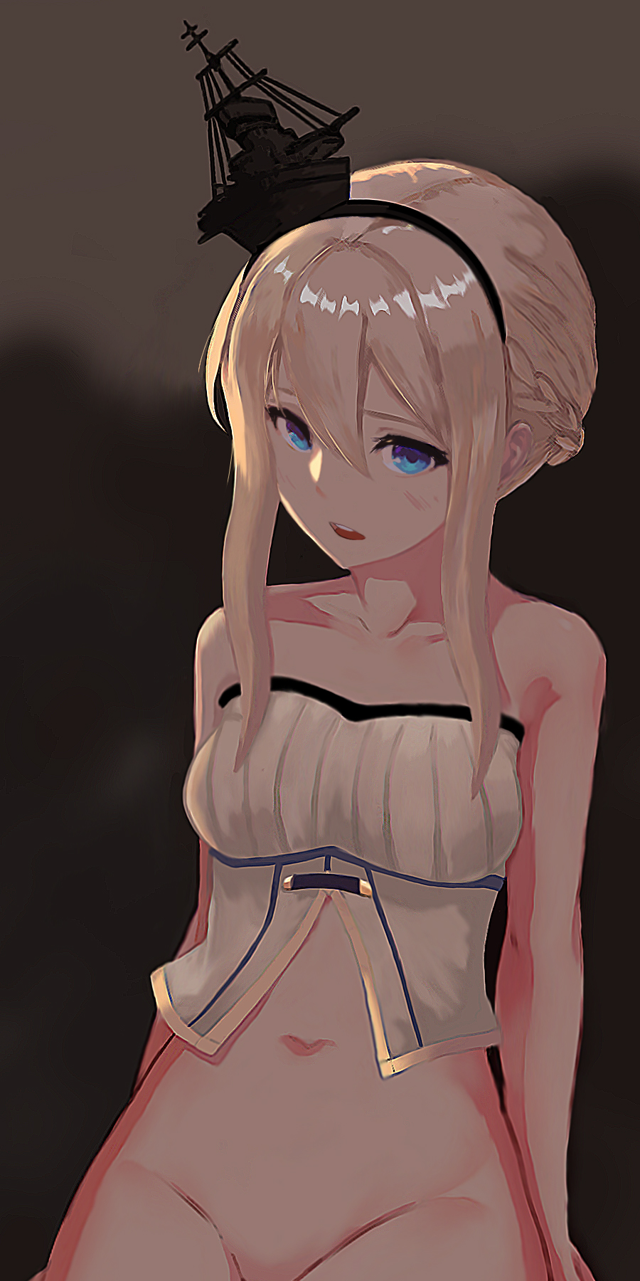 1girl, azur_lane, bare_shoulders, blonde_hair, blue_eyes, bottomless, braid, convenient_censoring, female_focus, french_braid, headgear, highres, metal_(xmetalx), midriff, navel, no_panties, out-of-frame_censoring, renown_(azur_lane), solo, strapless