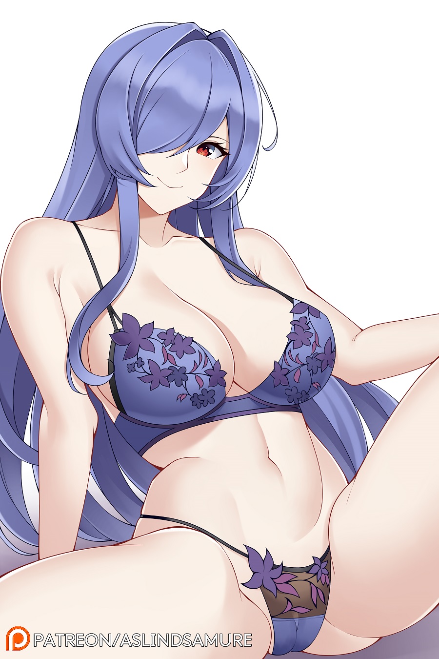 1girl, aslindsamure, azur_lane, bare_shoulders, blue_bra, blue_hair, blue_panties, blush