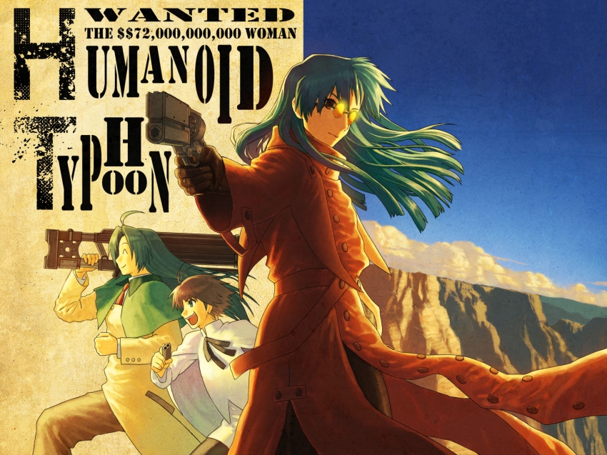 3girls, ^_^, agl_arms_.45_long_colt, ahoge, aiming, aiming_at_viewer, antenna_hair, aqua_hair