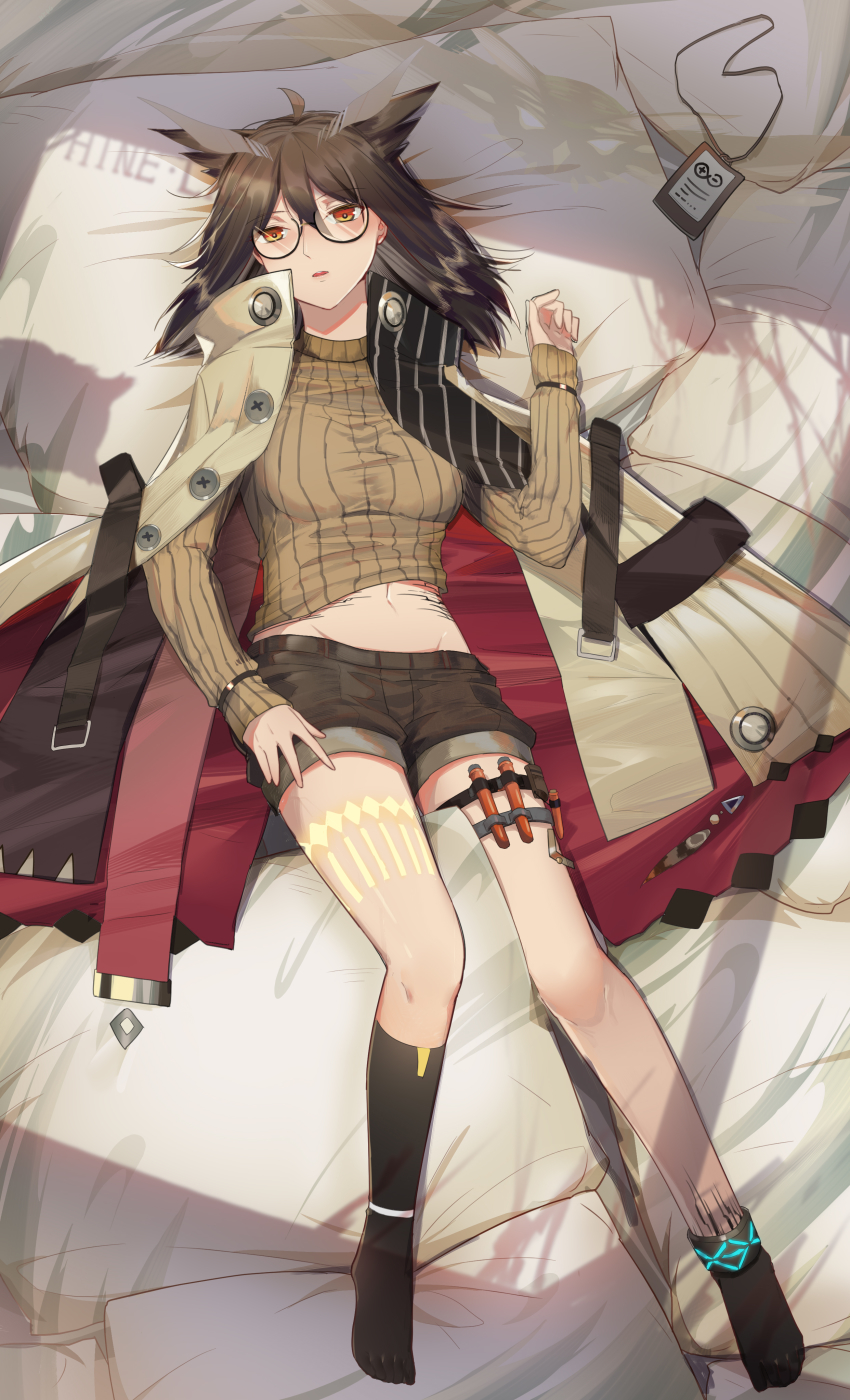 1girl, 7t, absurdres, ahoge, arknights, bed_sheet, black-framed_eyewear, black_socks, bracelet, breasts, brown_coat, brown_hair, brown_shorts, brown_sweater, buttons, chinese_commentary, coat, day, feather_hair, female_focus, from_above, full_body, glasses, hair_between_eyes, highres, indoors, jewelry, large_buttons, long_sleeves, looking_at_viewer, lying, material_growth, medium_breasts, medium_hair, midriff, name_tag, navel, on_back, open_clothes, open_coat, orange_eyes, oripathy_lesion_(arknights), parted_lips, pillow, rhine_lab_logo, ribbed_sweater, round_eyewear, shade, short_shorts, shorts, silence_(arknights), silence_(elite_ii)_(arknights), sleeves_past_wrists, socks, solo, strap, sunlight, sweater, test_tube, thigh_strap, thighs, turtleneck, turtleneck_sweater
