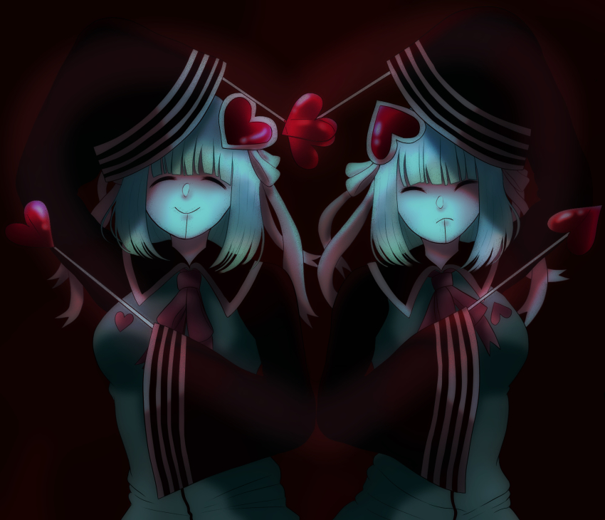 2girls, attraction-m_(lolo), breasts, closed_eyes, female_focus, heart, highres, magical_girl