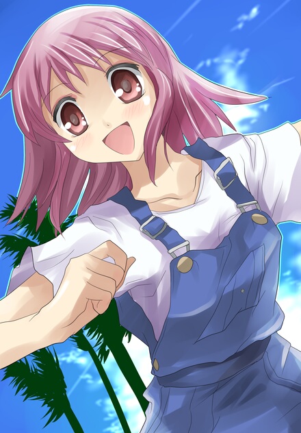 00s, akudama_geku, kaleido_star, naegino_sora, open_mouth, overalls, purple_hair, red_eyes