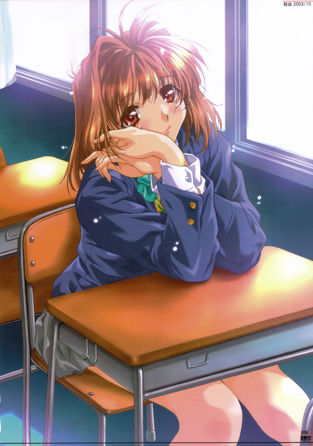 1girl, 2003, blazer, brown_hair, chair, classroom, dated, desk