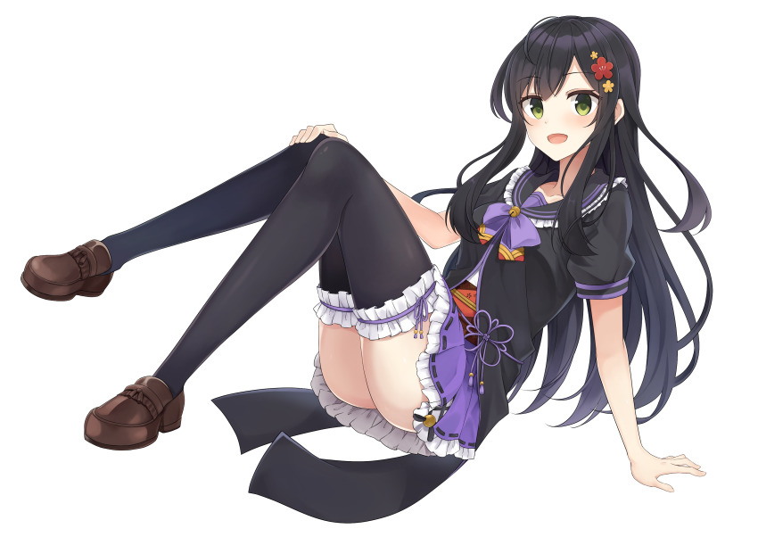 1girl, :d, absurdres, bad_id, bad_pixiv_id, black_hair, black_shirt, black_thighhighs