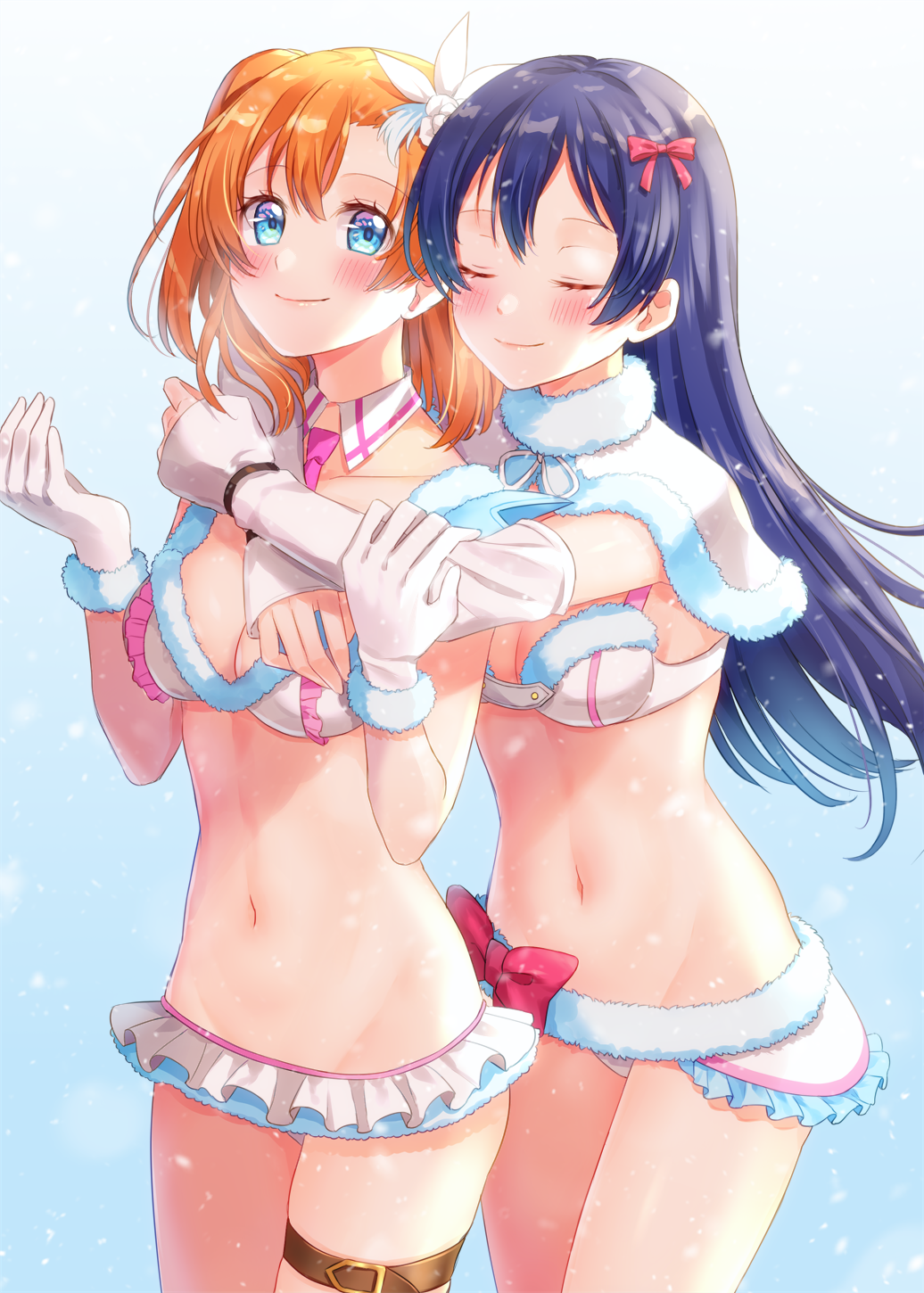 2girls, adapted_costume, blue_eyes, blue_hair, blush, bra, capelet, cowboy_shot