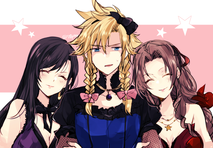 1boy, 2girls, aerith_gainsborough, arm_hug, bad_id, bad_pixiv_id, black_hair, blonde_hair