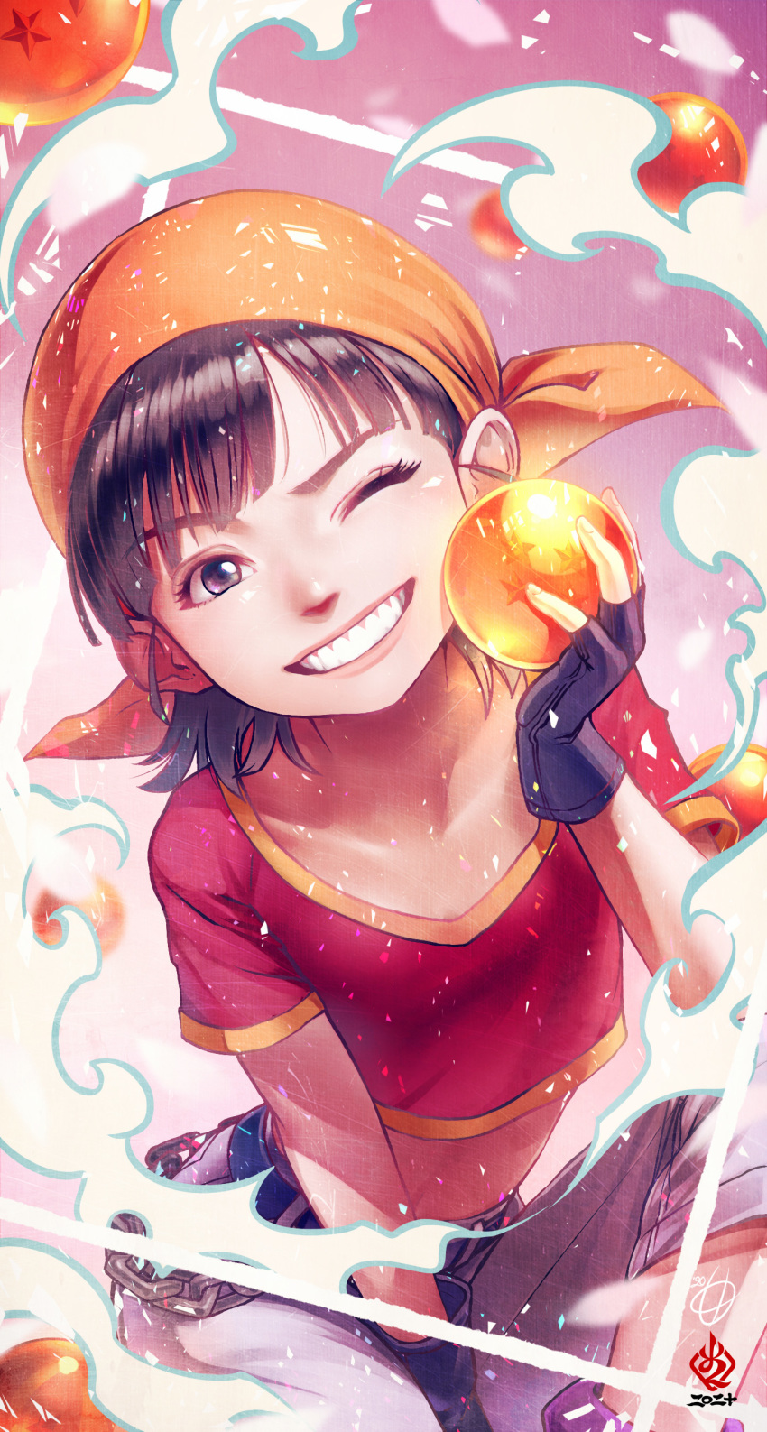 1girl, absurdres, artist_name, bandana, black_eyes, black_gloves, black_hair, bread