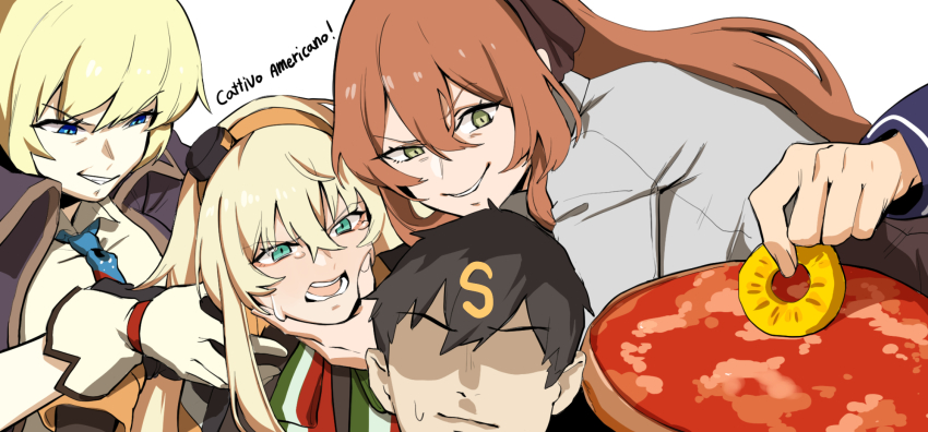 1boy, 3girls, banssee, black_hair, blonde_hair, blue_eyes, brown_hair, casino_(film)