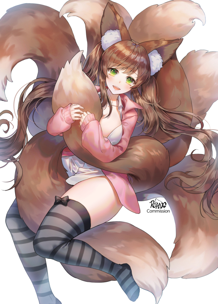 1girl, animal_ear_fluff, animal_ears, artist_name, black_thighhighs, blush, breasts, brown_hair
