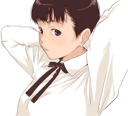 1girl, arms_behind_head, arms_up, black_eyes, black_hair, brown_eyes, brown_hair, female_focus