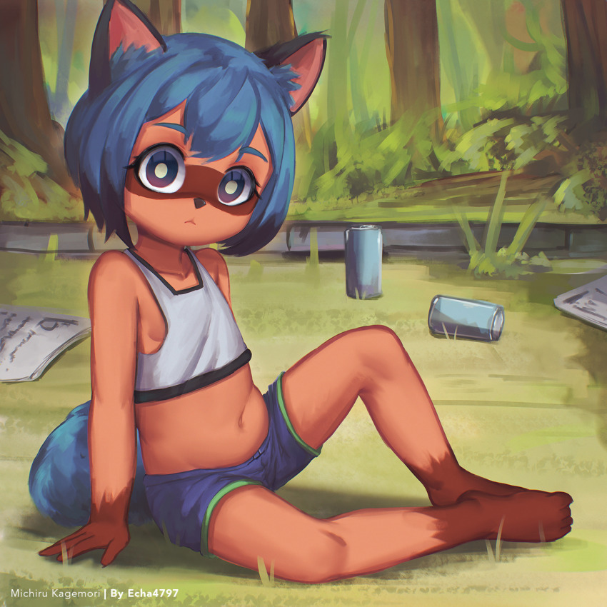1girl, :<, aged_down, animal_ears, barefoot, belly, blue_eyes, blue_hair